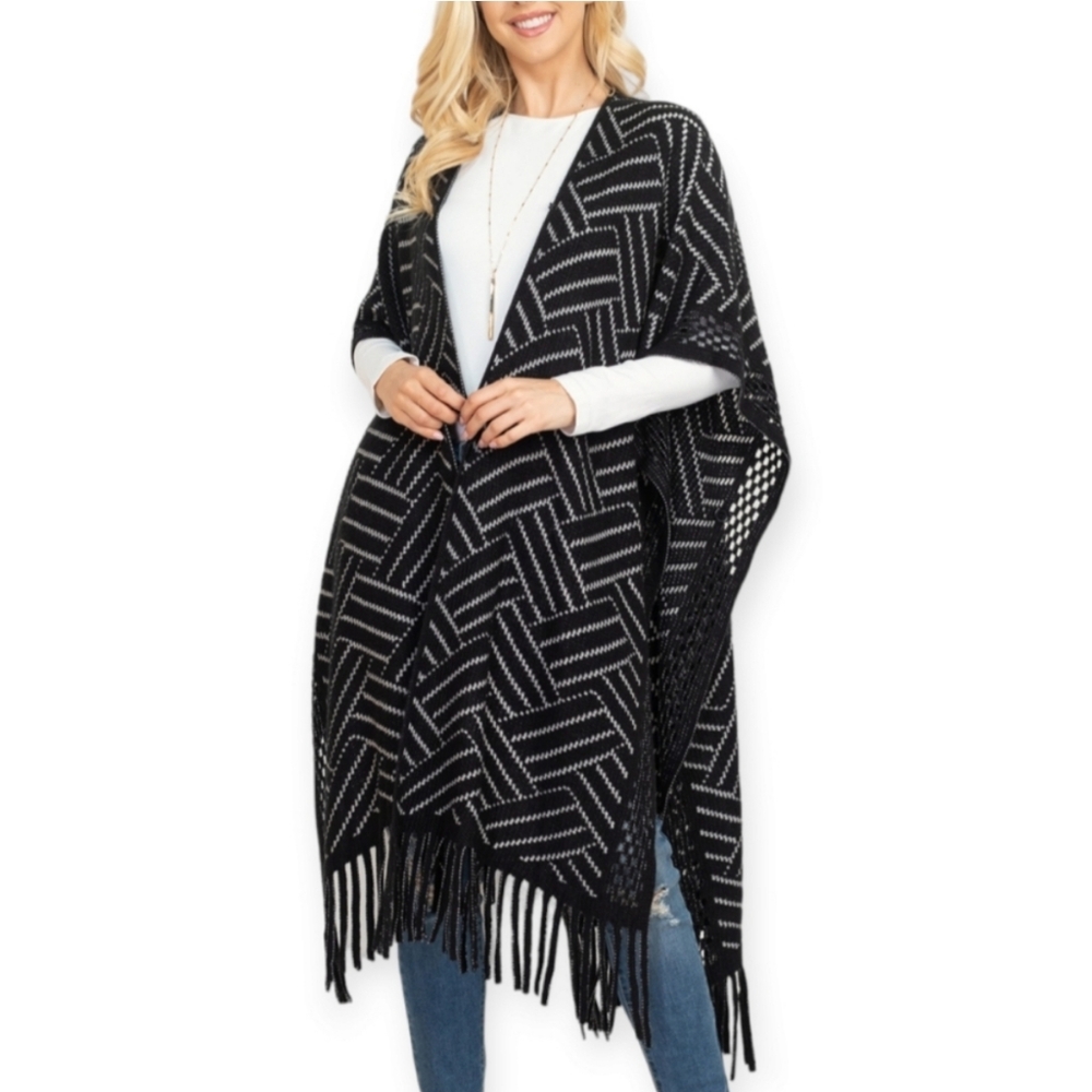 Herringbone Ruana Wrap With Fringe
